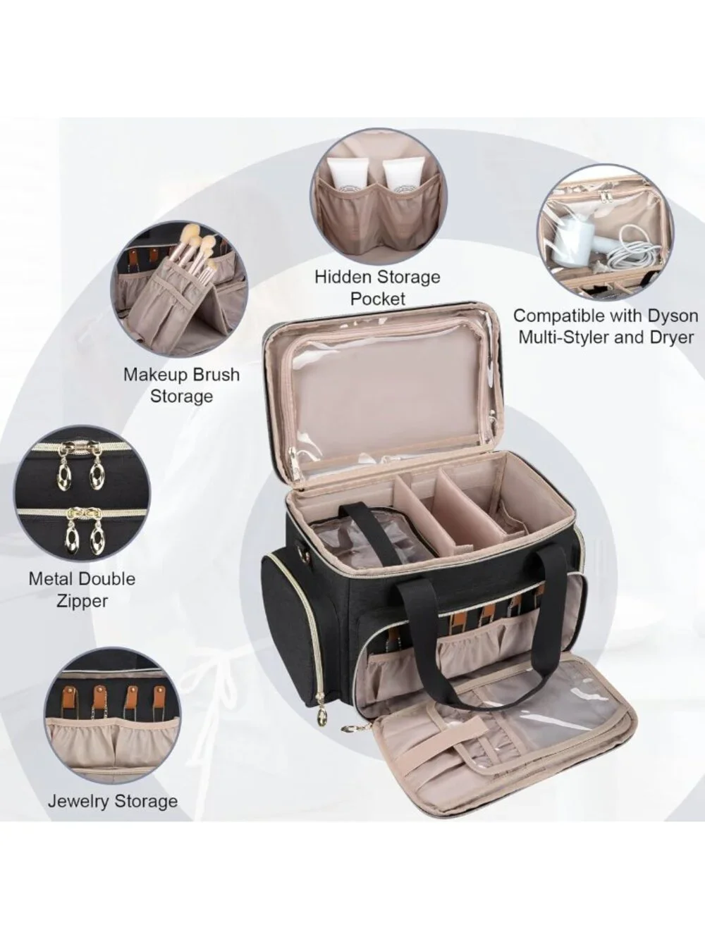 Spacious Travel Makeup Organizer Bag with Removable Pouches & Dividers - Black